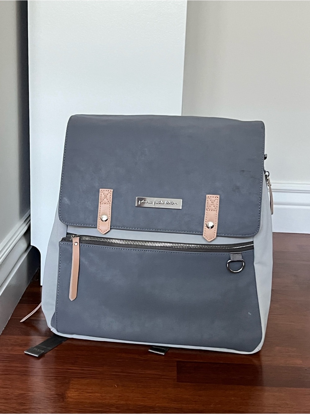 Petunia Pickle Bottom Gray & Cream Structured Backpack with Tan Accents